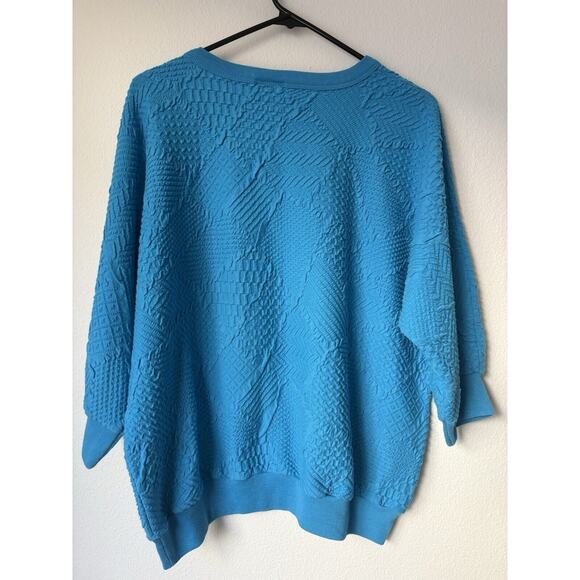 VINTAGE 80s Women Sweater XL Neon Turquoise Textured Long Sleeve Crew Neck - Picture 2 of 8